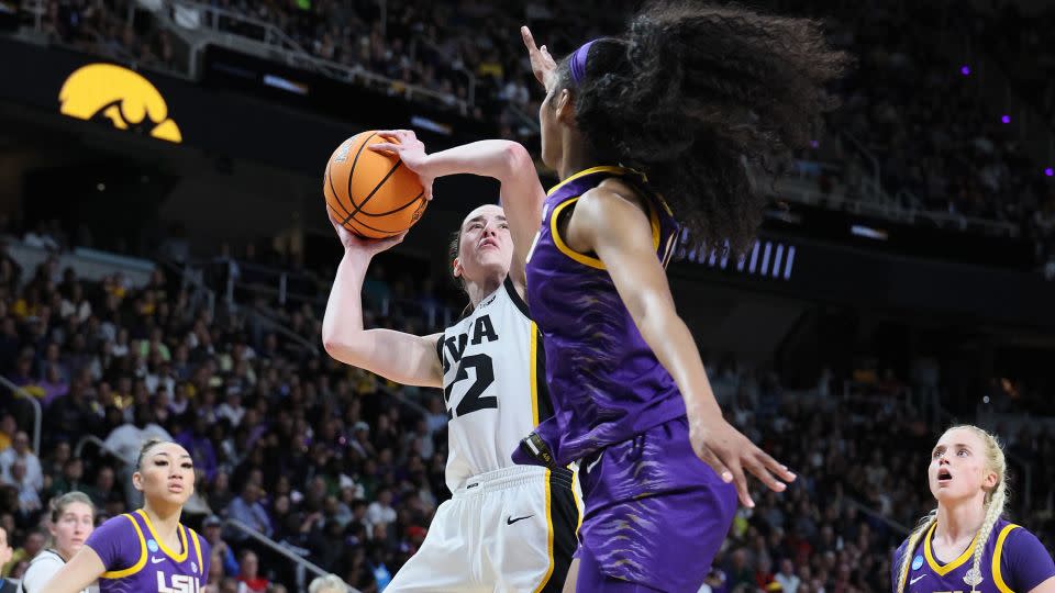 Clark battles with Reese during the Elite Eight matchup. - Andy Lyons/Getty Images