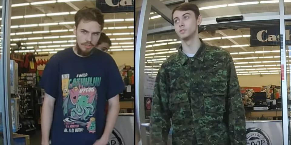 A composite image showing Kam McLeod (left) and Bryer Schmegelsky (right) leaving a hardware store in Meadow Lake, c, on July 21