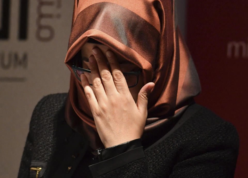 Hatice Cengiz, the fiancee of the killed Saudi journalist Jamal Khashoggi, reacts as she speaks during a memorial event for her fiancee at the Mechanical Engineers Institute in London, Monday Oct. 29, 2018. The Al Sharq Forum think tank and Middle East Monitor have organised the event in honour of the murdered journalist Khashoggi who died in the Saudi consulate in Turkey. (John Stillwell/PA via AP)