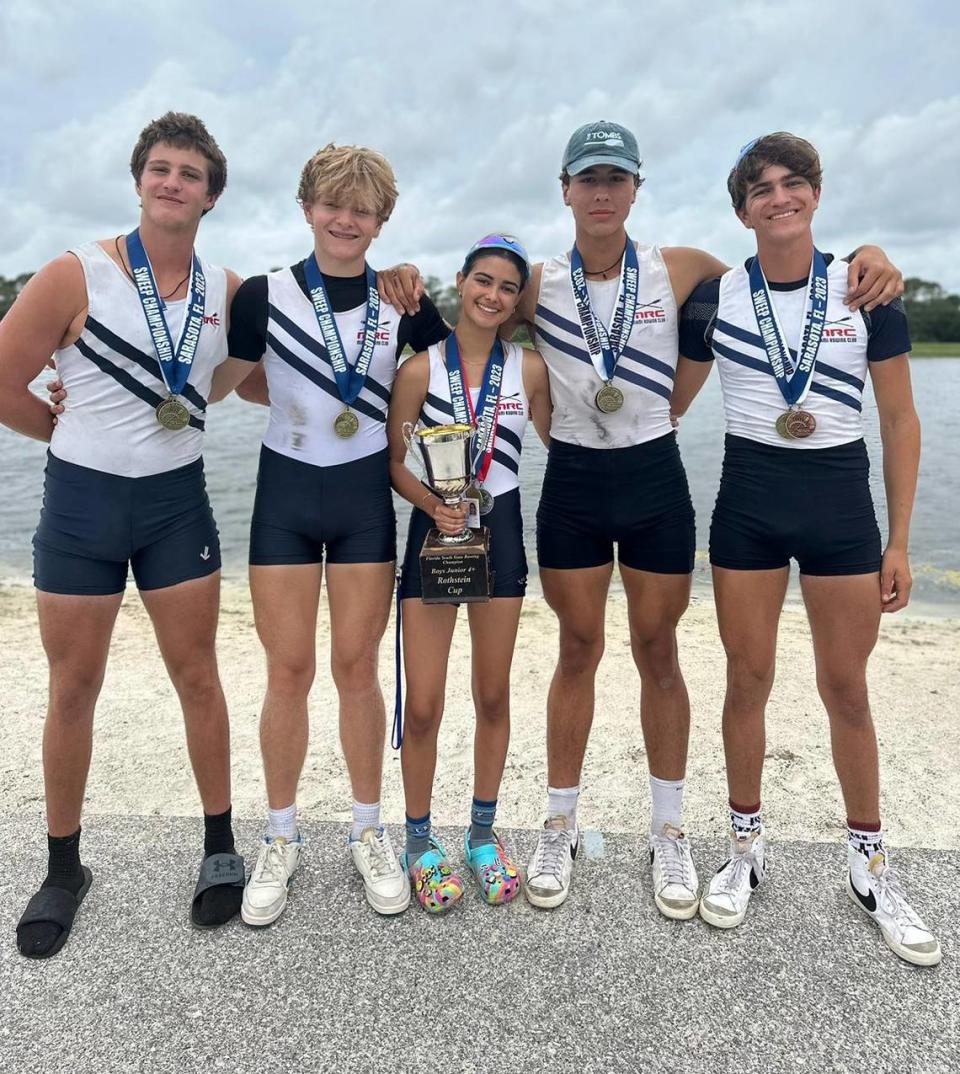 The Miami Rowing Club’s (from left) Andres Hernandez Ibañez of Immaculata La Salle High School, George Pesin of Coral Reef Senior High, coxswain Natalia Narvaez of Carrollton School of the Sacred Heart, Michael Kourakos of Palmer Trinity School and Sebastian Sanchez of Gulliver Prep. Photo Courtesy Miami Rowing Club