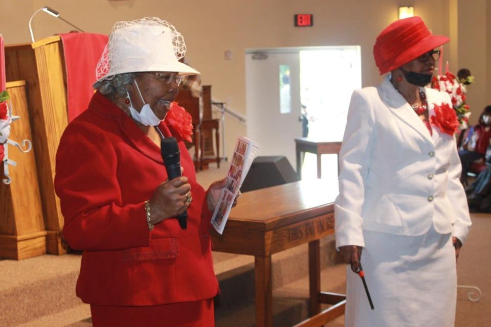 Jerlene Gainey, left, and Jacquelyn Williams, gave a memorial tribute to12 deceased members of First Missionary Baptist Church during a Senior Saints Day service at the church on Sunday.
(Photo: Photo by Voleer Thomas/For The Guardian)