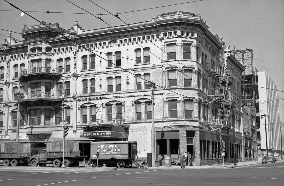 The Republican Hotel, 907 N. 3rd St.(3rd and Kilbourn) in October 1961 as it was being torn down to create a parking lot for the Milwaukee Journal. The hotel was known as the birthplace of the American League when Henry Killilea, his brother Matt, Connie Mack, Byron (Ban) Johnson, and Charles Comiskey gathered in Room 185 on March 5, 1900 to create an alternative to the National League.