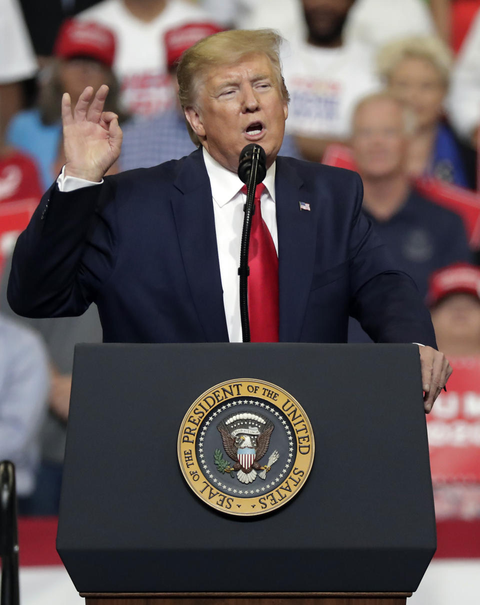 President Donald Trump speaks to supporters where he formally announced his 2020 re-election bid Tuesday, June 18, 2019, in Orlando, Fla. (AP Photo/John Raoux)