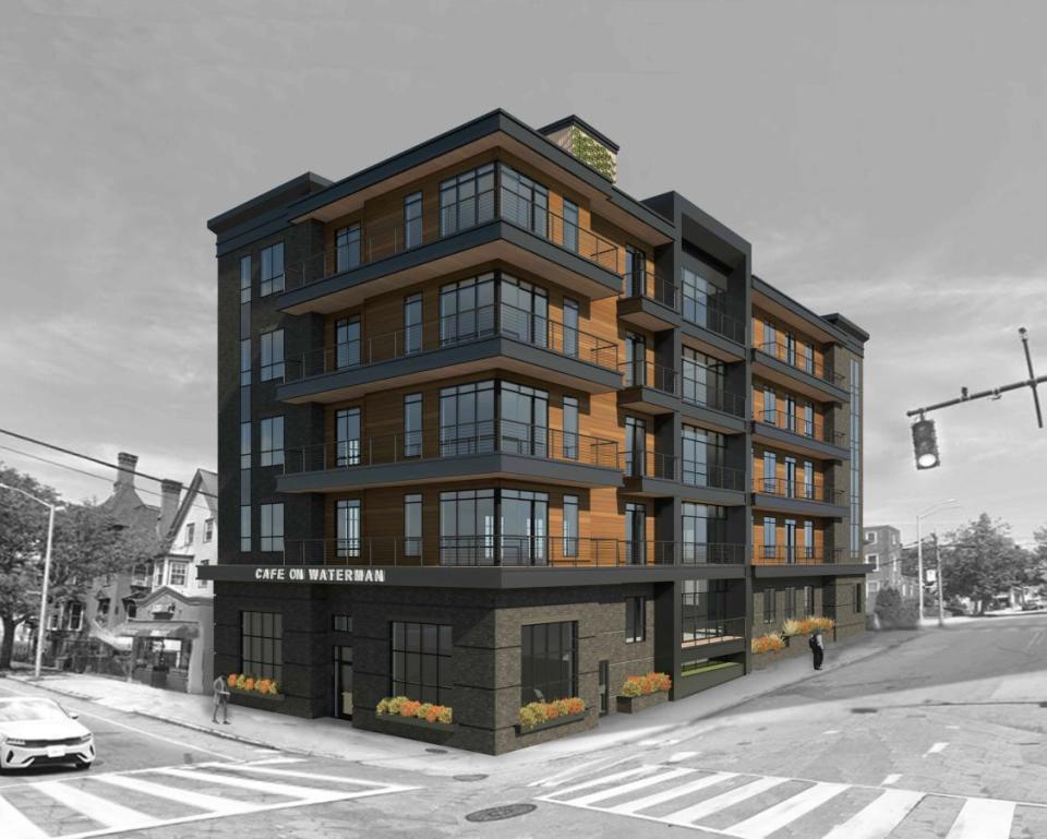 The proposed five-story apartment complex at Waterman and Brook streets in Providence.