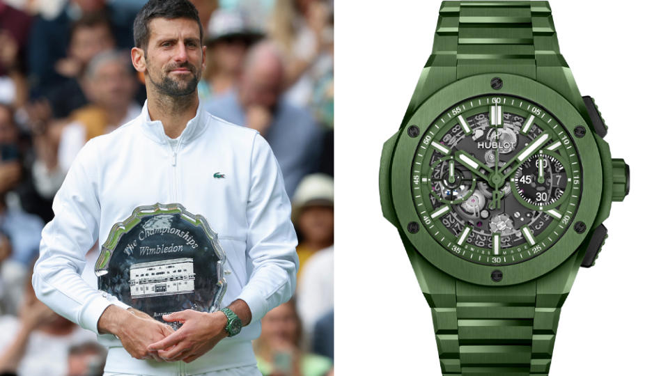 Novak Djokovic wearing a Hublot Big Bang Integrated Green Ceramic at Wimbledon.