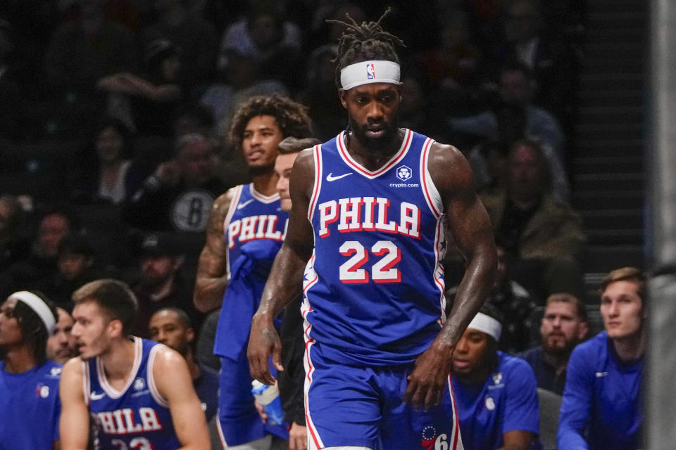 Philadelphia 76ers' Patrick Beverley (22) leaves the court after getting his second technical foul during the second half of a preseason NBA basketball game against the Brooklyn Nets, Monday, Oct. 16, 2023, in New York. (AP Photo/Frank Franklin II)