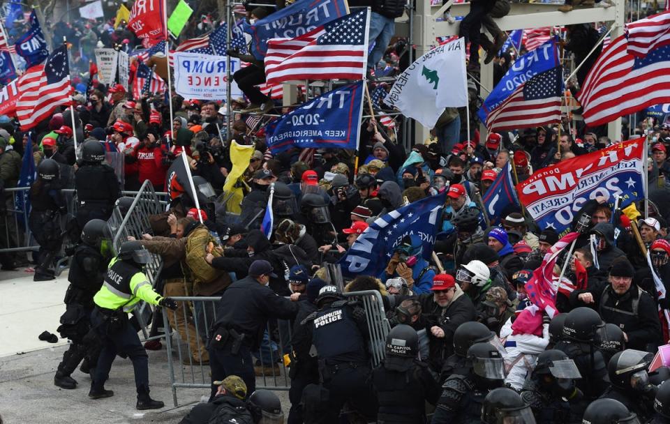 Also known as the ‘Pine Tree flag’, it dates back to the Revolutionary War, though it was pictured multiple times at the January 6 insurrection (Getty Images)