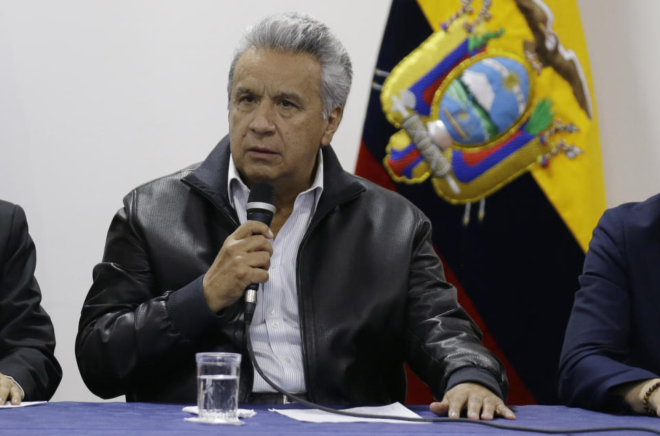 Ecuadorian President Lenin Moreno speaks during negotiations with anti-government protesters in Quito, Ecuador, Sunday, Oct. 13, 2019. The government and indigenous protesters started negotiations aimed at defusing more than a week of demonstrations that have paralyzed the nation's economy. (AP Photo/Fernando Vergara)