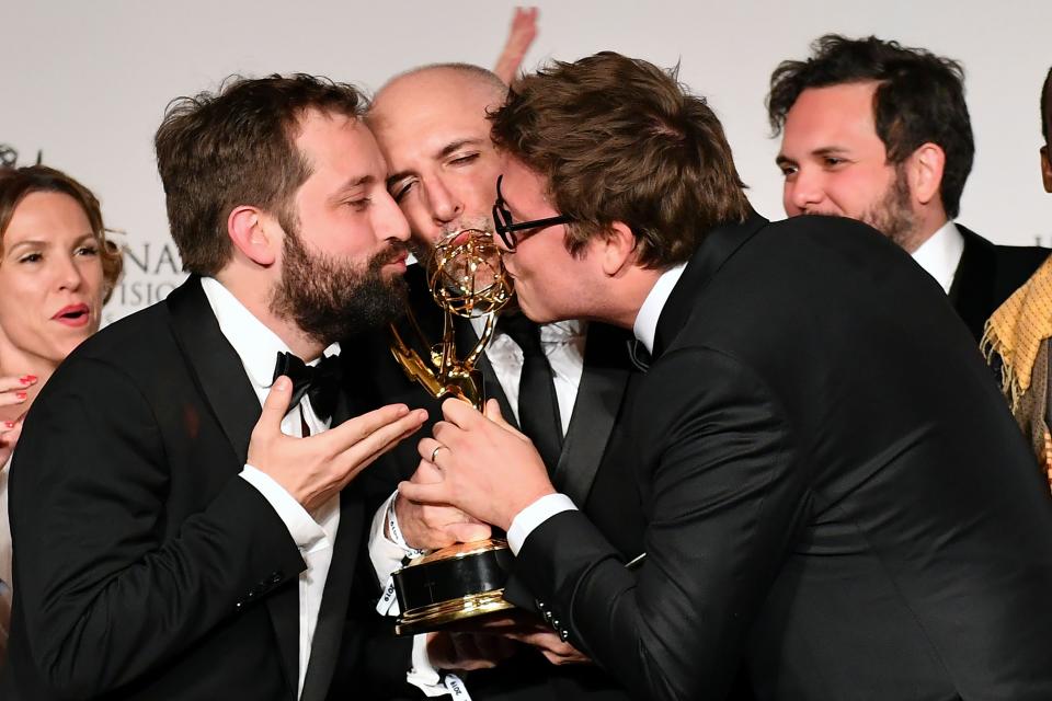 Brazilian actor, writer, creator Fabio Porchat (R) poses in the press room with the award for "Comedy" for "Especial do Natal Porta dos Fundos 'The Last Hangover'" during the 47th Annual International Emmy Awards at New York Hilton on November 25, 2019 in New York City. - The International Emmy Award is an award ceremony bestowed by the International Academy of Television Arts and Sciences in recognition to the best television programs initially produced and aired outside the United States. (Photo by Angela Weiss / AFP) (Photo by ANGELA WEISS/AFP via Getty Images)