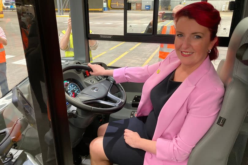Transport minister Louise Haigh taking the driving seat in Oldham bus depot