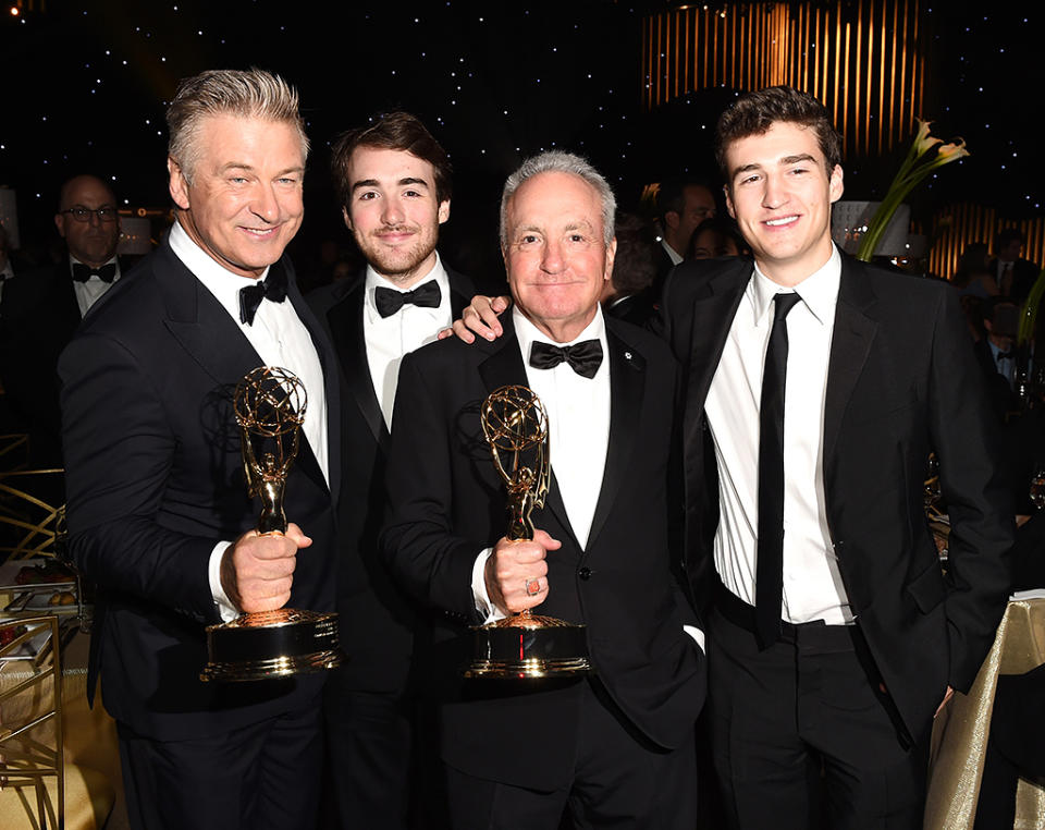 <p>Alec Baldwin, who won for Outstanding Supporting Actor in a Comedy Series for <em>SNL</em>, celebrated with show helmer Lorne Michaels, who had his own trophy for Outstanding Variety Sketch Series. (Photo: Kevin Winter/Getty Images) </p>