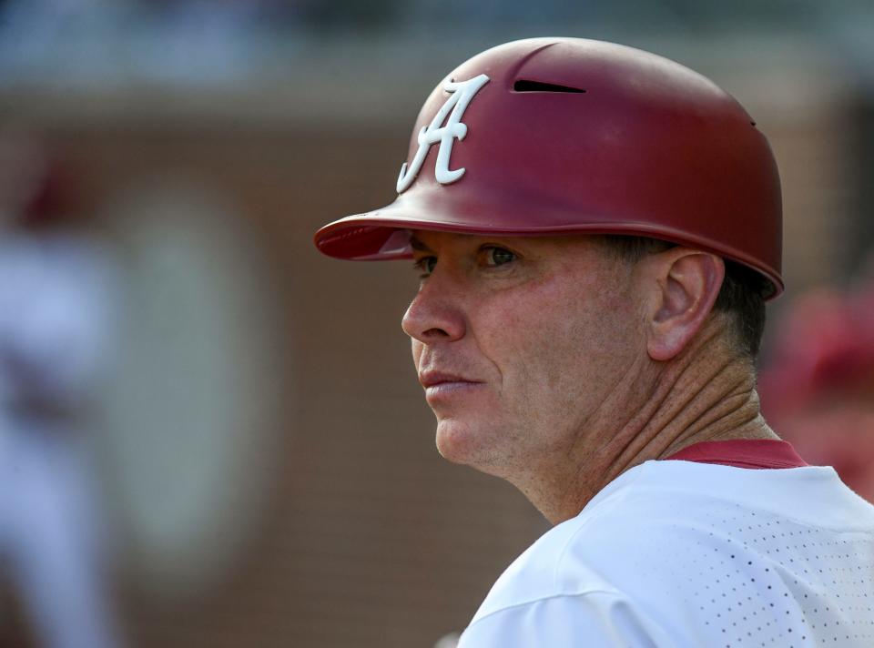 Alabama head coach Brad Bohannon watches his Crimson Tide team in the game with Auburn at Sewell-Thomas Stadium Friday, April 14, 2023 in Tuscaloosa. 