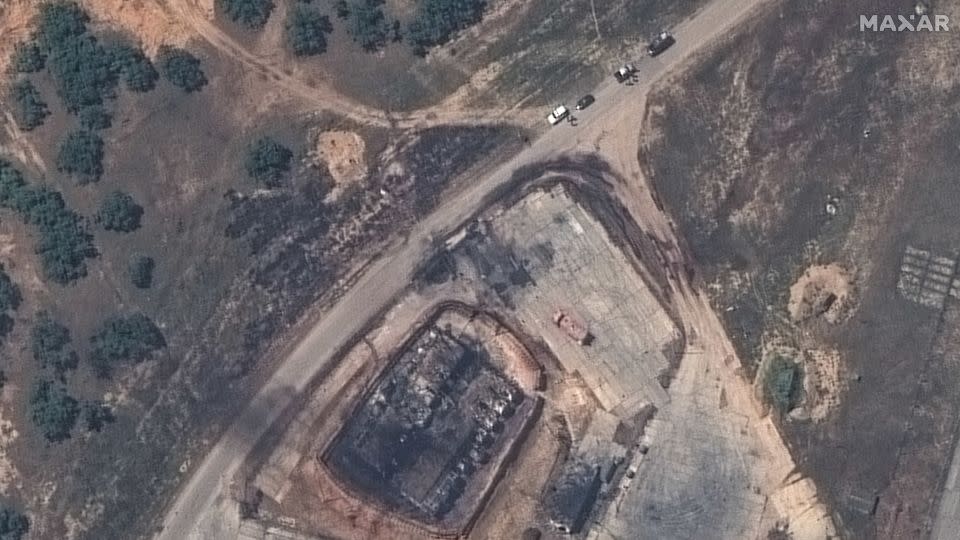 Satellite images exclusive to CNN show destroyed jets and building at Belbek Airbase in Crimea on May 15, 2024. - Satellite image ©2024 Maxar Technologies
