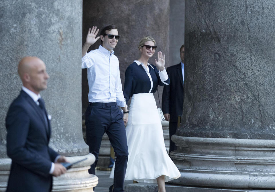 <p>Ivanka Trump and her husband Jared Kushner wore coordinating looks while taking a private tour of the Pantheon in Rome, Italy on Wednesday, May 24, 2017. (Photo: PERCOSSI/EPA/REX/Shutterstock) </p>