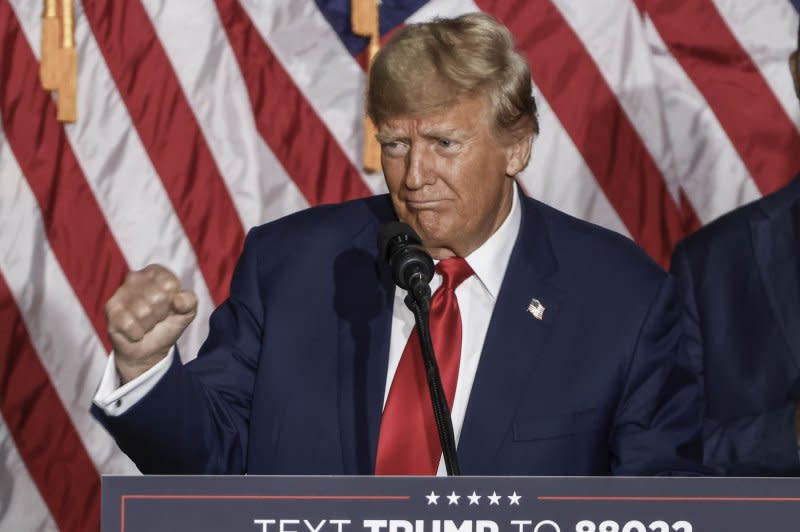 Former President Donald Trump celebrates his win in the 2024 Iowa Caucus at the Iowa Events Center in Des Moines, Iowa on Monday. Next up in the race for the White House will be Saturday's New Hampshire primary. Trump has stated he will not participate in any Republican primary debates, citing his large lead in the polls. Photo by Tannen Maury/UPI