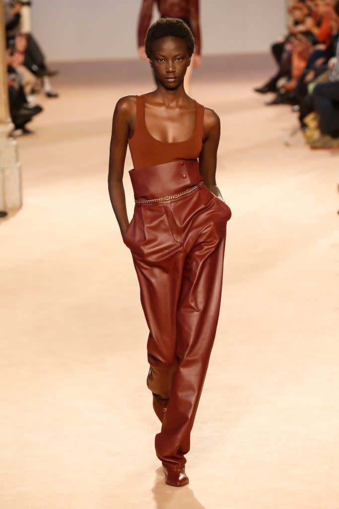 A pair of high-waisted leather pants, one of the ready-to-wear highlights of Ferragamo’s fall ’20 collection. - Credit: Shutterstock