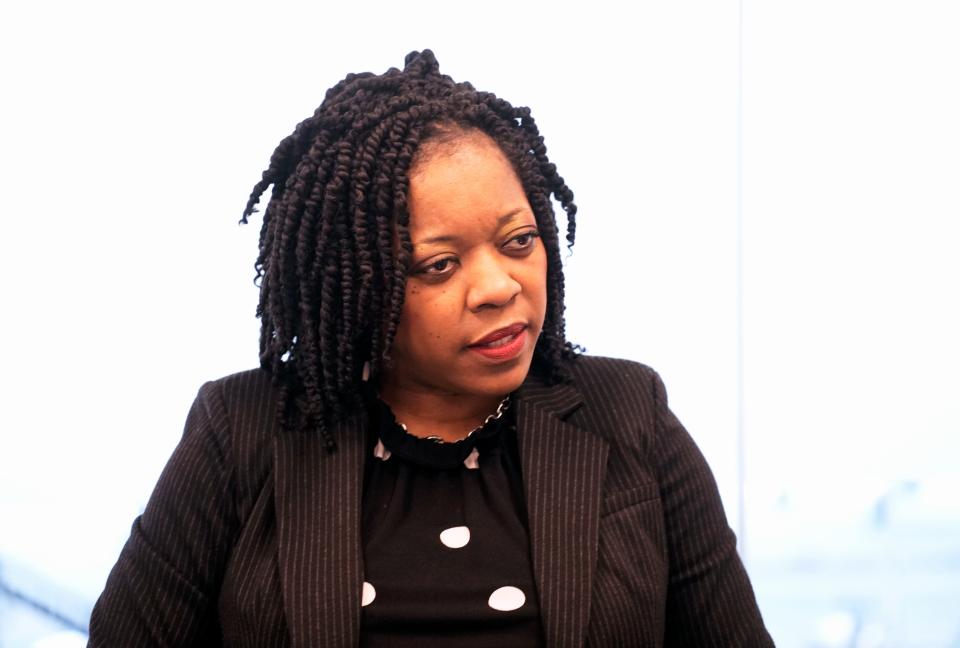Iranetta Rayburn Wright, Cincinnati Public School superintendent and CEO, talks with the Cincinnati Enquirer editorial board, Wednesday, May 15, 2024, at their offices in downtown Cincinnati.