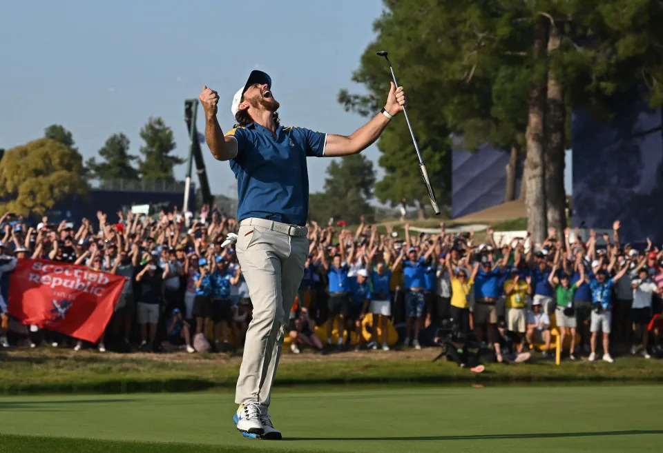 Tommy Fleetwood celebrates the Ryder Cup victory. (Paul Ellis/AFP via Getty Images)