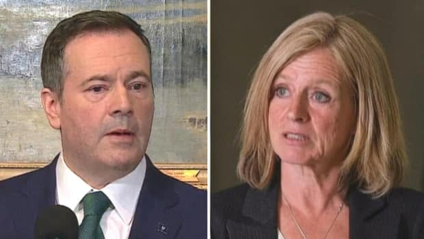 So far this year, the Alberta NDP, led by Rachel Notley, right, are out-fundraising the governing United Conservative Party, led by Premier Jason Kenney, left. (Mike Symington/CBC - image credit)