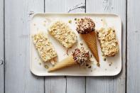 <p>Brush ice cream cones in a <a href="https://www.goodhousekeeping.com/food-recipes/a40808/homemade-dessert-shell-recipe/" rel="nofollow noopener" target="_blank" data-ylk="slk:homemade dessert shell;elm:context_link;itc:0;sec:content-canvas" class="link ">homemade dessert shell</a>, then roll in all your favorite munchies (we love coconut, potato chips and pistachios!).</p><p><em><a href="https://www.goodhousekeeping.com/food-products/a40813/kitchen-sink-ice-cream-cones-recipe/" rel="nofollow noopener" target="_blank" data-ylk="slk:Get the recipe for Kitchen Sink Ice Cream Cones »;elm:context_link;itc:0;sec:content-canvas" class="link ">Get the recipe for Kitchen Sink Ice Cream Cones »</a></em></p>