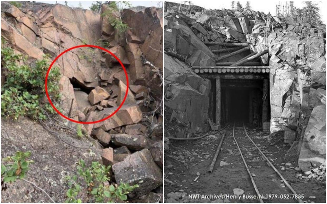 The entrance into the mine shafts at the Stark Lake site. The photo on the left shows what it looks like now, partially closed, while the archival photo on the right shows what it looked before. (Public Services and Procurement Canada/Mackenzie Valley Land and Water Board, NWT Archives/Henry Busse fonds/N-1979-052: 7835 - image credit)