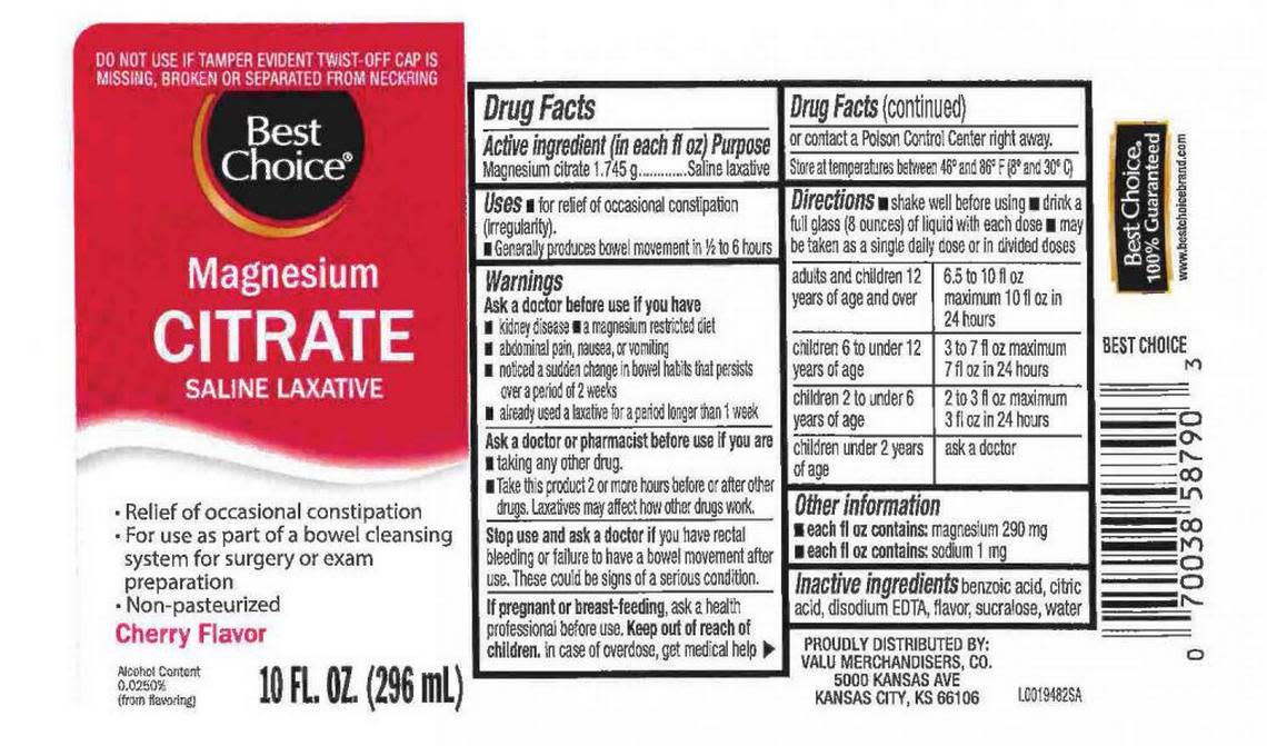 A deconstructed box of Best Choice Magnesium Citrate laxative, cherry flavor.
