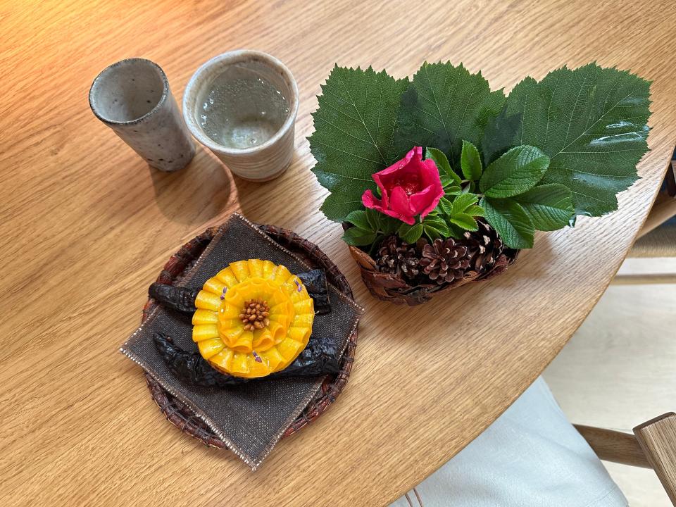 Hip rose and elderflower miso crisp with golden beets at Noma.