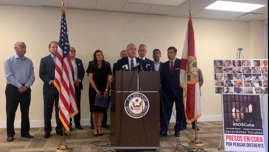 Congressman Carlos Gimenez speaks during a news conference in Doral on Monday, July 11, 2022 with other South Florida politicians, including Florida Lieutenant Governor Jeanette Nuñez, U.S. Senator Marco Rubio. The conference was to commemorate the protests Cuba saw in July 2021, when people went on the streets calling for freedom.