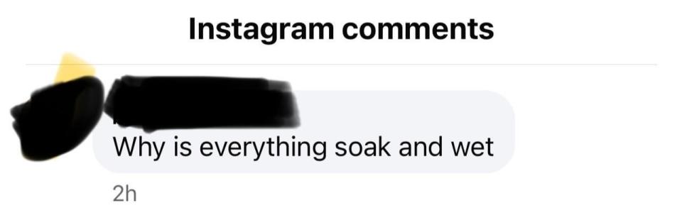 Instagram comments screenshot with a user's question, "Why is everything soak and wet". Identity obscured
