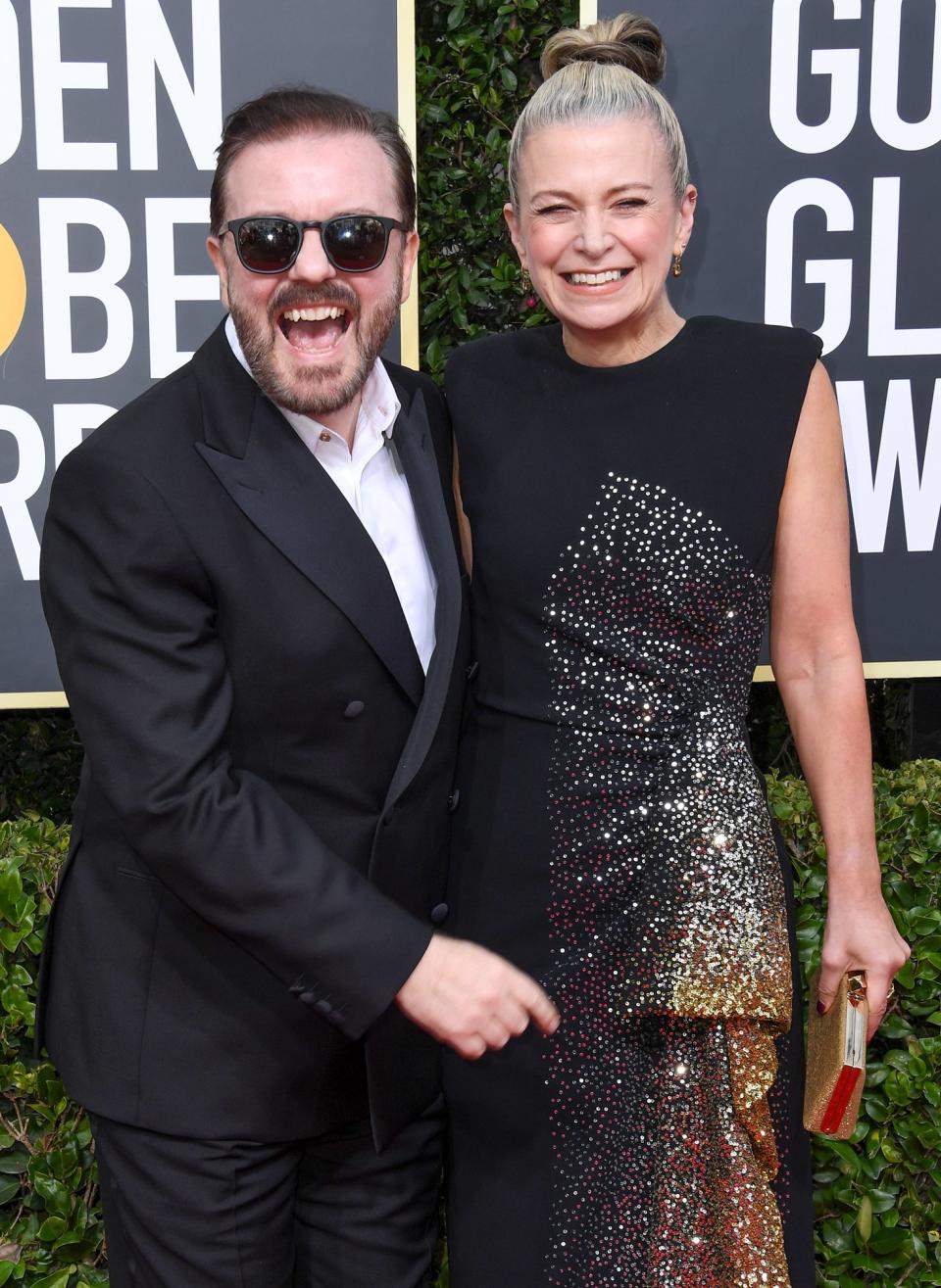 <strong>"That’s what she says — she says, 'Please don’t.' She uses emotional blackmail."</strong> — on partner Jane Fallon letting him know <a href="https://people.com/awards/golden-globes-2020-ricky-gervais-runs-jokes-by-partner/" rel="nofollow noopener" target="_blank" data-ylk="slk:when his jokes go too far;elm:context_link;itc:0;sec:content-canvas" class="link ">when his jokes go too far </a>