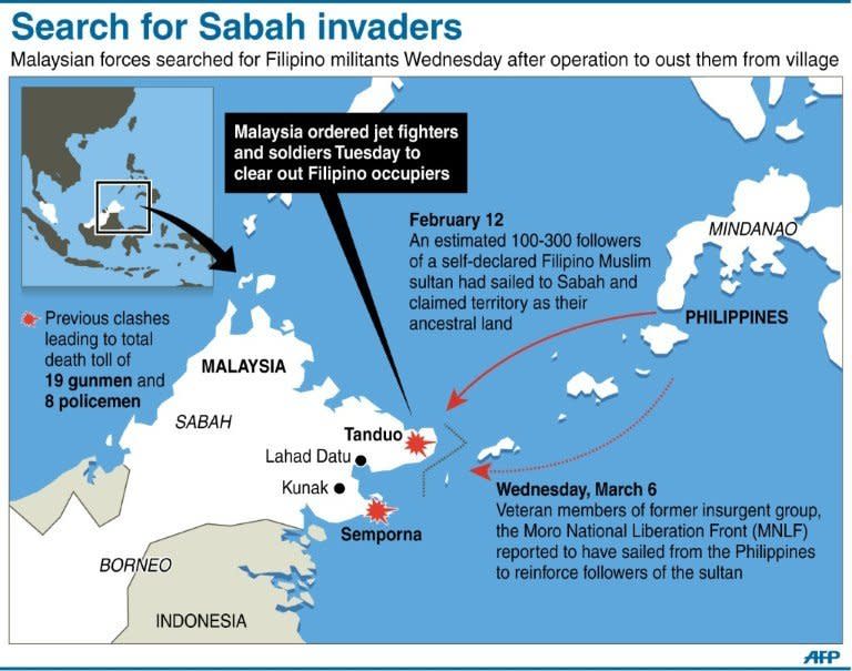 Graphic on the situation in Malaysian Borneo where authorities are searching for armed Filipino invaders