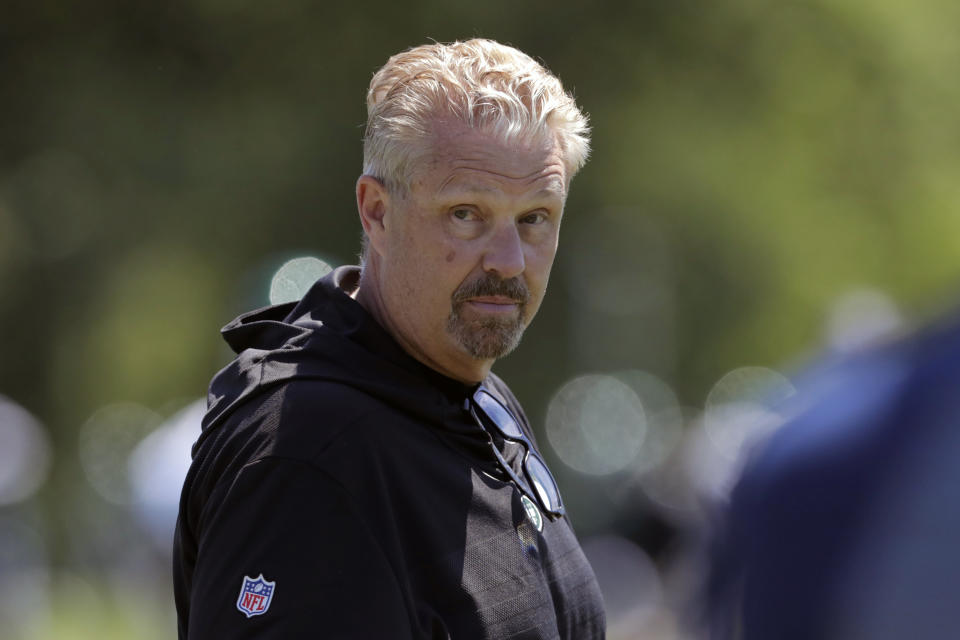 FILE - In this June 4, 2019, file photo, New York Jets defensive coordinator Gregg Williams looks on as his players run drills at the team's NFL football training facility in Florham Park, N.J. Odell Beckham Jr. says former Browns defensive coordinator Gregg Williams instructed his players to "take me out" of a preseason game in 2017. The Pro Bowl wide receiver sustained an ankle injury when Cleveland's Briean Boddy-Calhoun cut his legs out while he was with the New York Giants. Beckham said current Cleveland players told him that Williams instructed them to "take me out of the game, and it's preseason." (AP Photo/Julio Cortez, File)