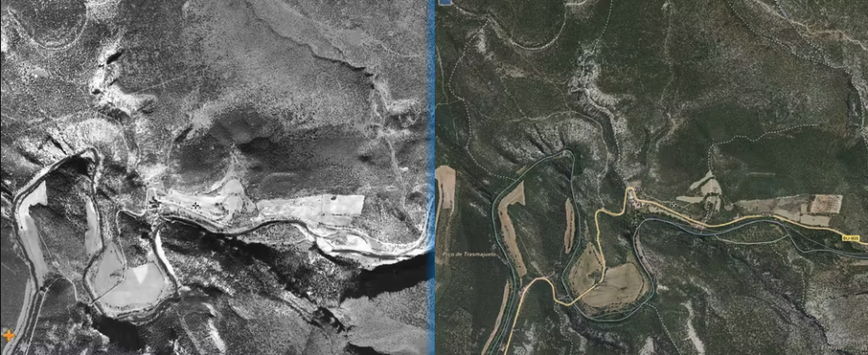 Confrontación de las fotografías aéreas (1973 y 2020) de los parajes en los que se rodaron las escenas de El bueno, el feo y el malo de la batalla del puente de Langstone (río Arlanza, Burgos) y de la misión de San Antonio (Monasterio de San Pedro de Arlanza, Burgos). Comparador ortofotos IGN_PNOA