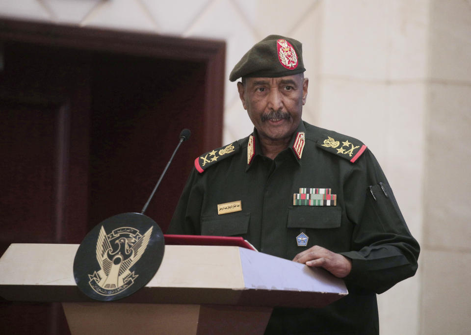 FILE - Sudan's Army chief Gen. Abdel-Fattah Burhan speaks following the signature of an initial deal aimed at ending a deep crisis caused by last year's military coup, in Khartoum, Sudan, Dec. 5, 2022. Four years ago, a popular uprising in Sudan helped depose long-time autocrat Omar al-Bashir. But in 2021, Gen. Abdel Fattah Burhan, who leads the Sudanese armed forces, and Gen. Mohammed Hamdan Dagalo, the head of a paramilitary group known as the Rapid Support Forces, jointly orchestrated a coup that derailed efforts to develop a civilian government. (AP Photo/Marwan Ali, File)