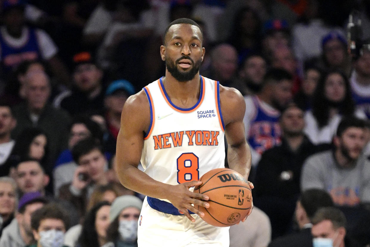 NEW YORK, NEW YORK - OCTOBER 24:  Kemba Walker #8 of the New York Knicks handles the ball against the Orlando Magic at Madison Square Garden on October 24, 2021 in New York City. NOTE TO USER: User expressly acknowledges and agrees that, by downloading and or using this photograph, user is consenting to the terms and conditions of the Getty Images License Agreement. (Photo by Steven Ryan/Getty Images)