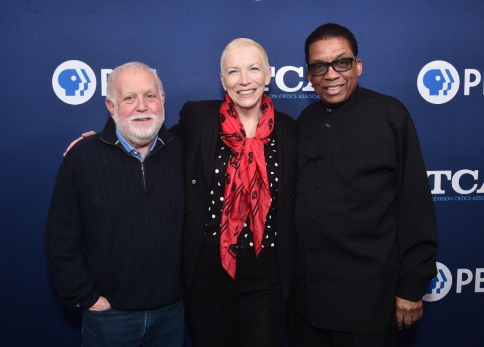 PASADENA, CALIFORNIA - JANUARY 16: Ken Ehrlich, Annie Lennox and Herbie Hancock attend the PBS 2023 TCA Winter Press Tour at The Langham Huntington, Pasadena on January 16, 2023 in Pasadena, California. (Photo by Alberto E. Rodriguez/Getty Images)
