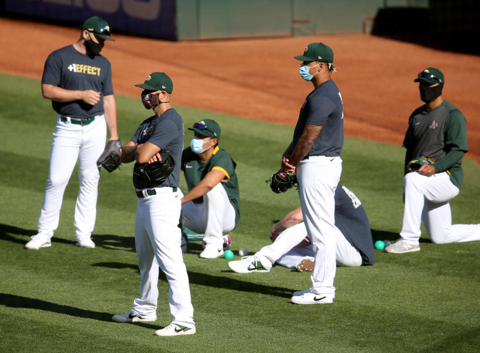 OAKLAND, CA - JULY 14: Oakland Athletics players wear masks during their Summer Camp at the Coliseum in Oakland, Calif., on Tuesday, July 14, 2020. (Jane Tyska/Digital First Media/East Bay Times via Getty Images)