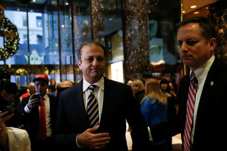 FILE PHOTO: Preet Bharara, the U.S. Attorney for the Southern District of New York departs after speaking to members of the news media after meeting with U.S. President-elect Donald Trump at Trump Tower in New York, U.S., November 30, 2016. REUTERS/Mike Segar/File Photo