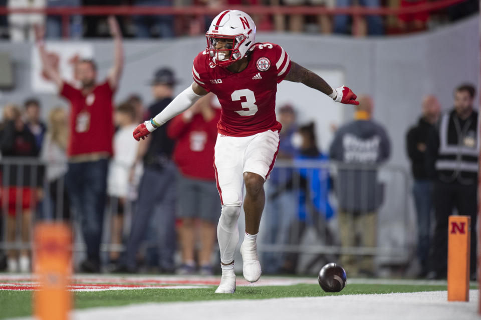 Nebraska wide receiver Trey Palmer (3) dances after scoring a touchdown in the 4th quarter during an NCAA football a game between Nebraska and Indiana, Saturday, Oct. 1, 2022 at Memorial Stadium in Lincoln, Neb. (Noah Riffe/Lincoln Journal Star via AP)