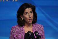 President-elect Joe Biden's nominee for Secretary of Commerce, Rhode Island Gov. Gina Raimondo speaks during an event at The Queen theater in Wilmington, Del., Friday, Jan. 8, 2021. (AP Photo/Susan Walsh)