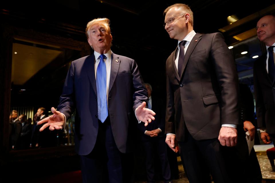 Republican presumptive presidential nominee, former President Donald Trump, speaks as he meets with Polish President Andrzej Duda at Trump Tower on April 17, 2024 in New York City. Trump met with President Duda, a strong supporter of Ukraine, as European and NATO leaders prepare for the possibility that Trump wins the November presidential election and returns to the White House. The meeting comes on an off day in Trump's criminal trial.