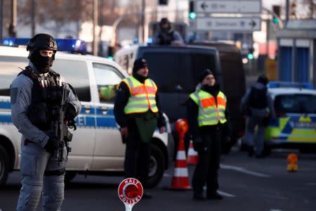 German police are seen at the Franco-German border after a shooting in Strasbourg, France, December 13, 2018. REUTERS/Christian Hartmann