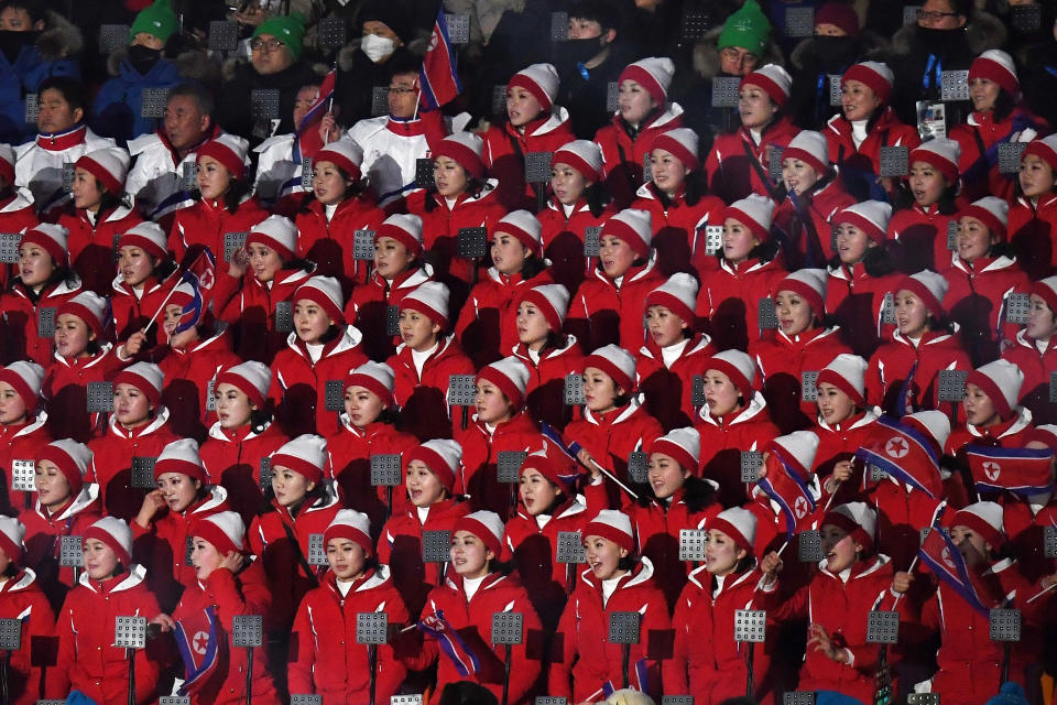 <p>North Korean spectators attend the Opening Ceremony of the PyeongChang 2018 Winter Olympic Games at PyeongChang Olympic Stadium on February 9, 2018 in Pyeongchang-gun, South Korea. (Photo by Harry How/Bongarts/Getty Images) </p>