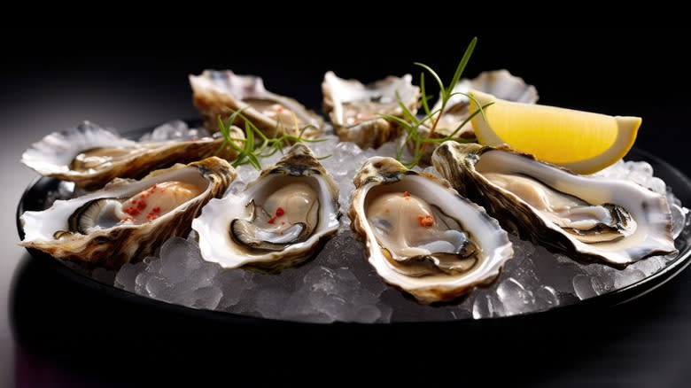 A plate of shelled oysters on ice with a lemon wedge