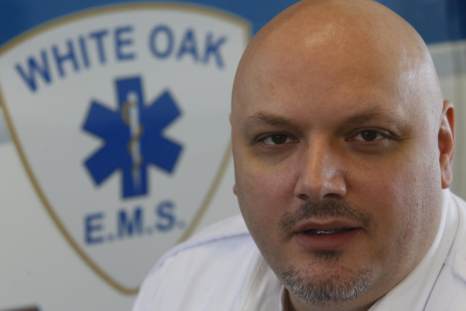 Paul Falavolito, the chief of a small, non-profit ambulance service is photographed in White Oak, Pa. on Monday, Feb. 10, 2014. Changes in weather are important for Falavolito's ambulance service, and he was outraged last month when he flipped on DirecTV's replacement weather service, WeatherNation TV, and it was broadcasting a seven-day extended forecast for Los Angeles while he was in the Northeast. (AP Photo/Keith Srakocic)