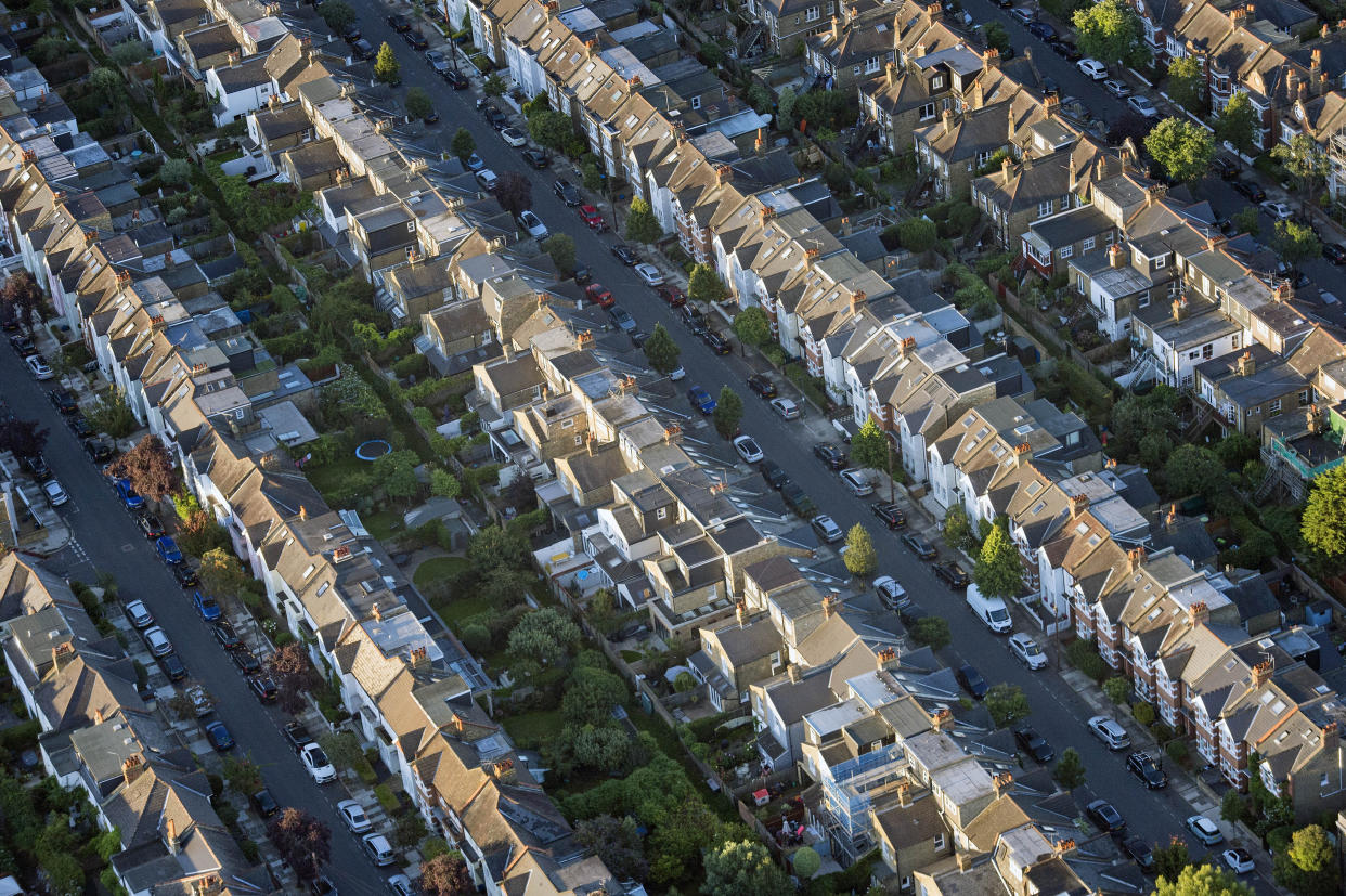 An aerial view of terraced houses in south west London.