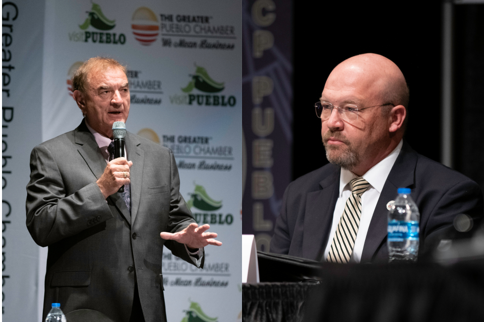 Randy Thurston (left) and Chris Nicoll are candidates for Pueblo mayor who were formerly registered as Democrats but are now registered as Republicans.