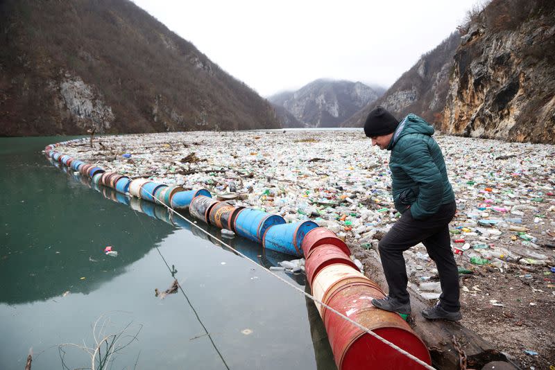 Tonnes of waste float the Drina river in Visegrad