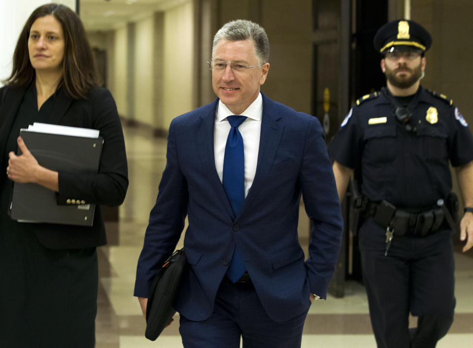 FILE - In this Oct. 3, 2019 file photo, Kurt Volker, a former special envoy to Ukraine, is leaving after a closed-door interview with House investigators, at the Capitol in Washington. House investigators are releasing more transcripts Tuesday in the impeachment inquiry of President Donald Trump with hundreds of pages of testimony from two top diplomats dealing with Ukraine. Kurt Volker, the former special envoy to Ukraine, and Gordan Sondland, the U.S. Ambassador to the European Union, both testified about Trump’s interest in pursuing investigations of Joe Biden and Democrats as the White House withheld military aide to the East European ally. (AP Photo/Jose Luis Magana)
