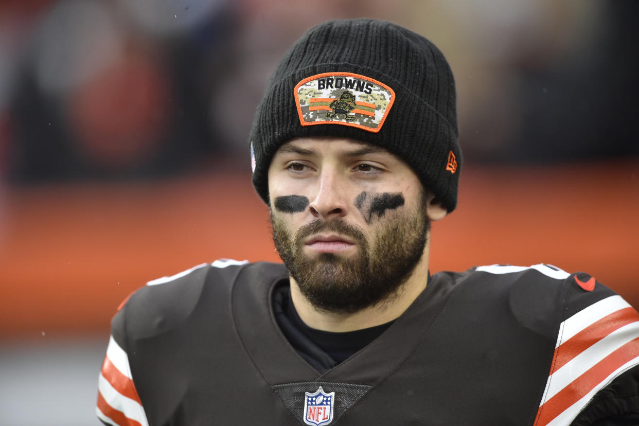 Cleveland Browns quarterback Baker Mayfield (6) walks off the field during an NFL football game against the Detroit Lions, Sunday, Nov. 21, 2021, in Cleveland. The Browns won 13-10. (AP Photo/David Richard)